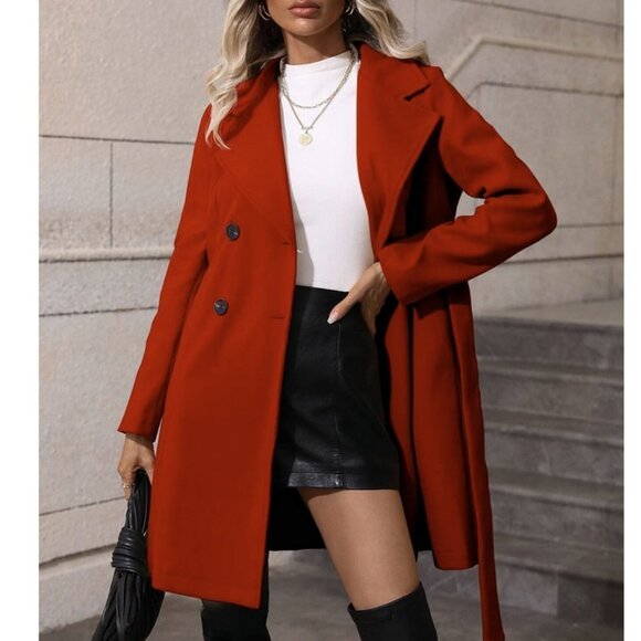 RED Preppy Womens Lapel Neck Double Breasted Belted Overcoat - Picture 3 of 5
